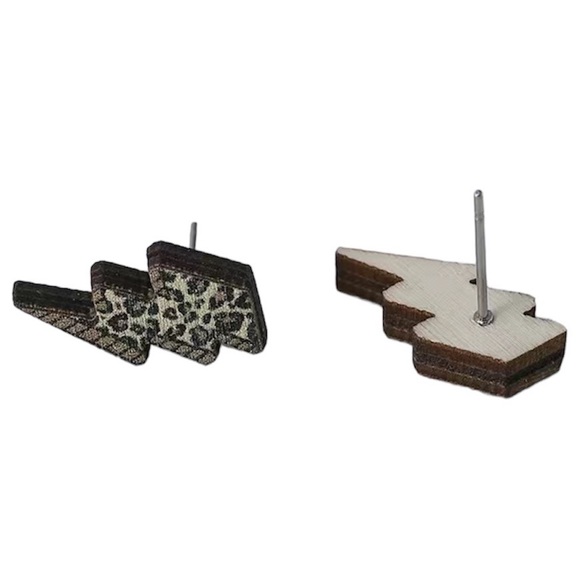 Lightning Bolt Stud Wooden Earrings Leopard Pattern - Picture 3 of 3